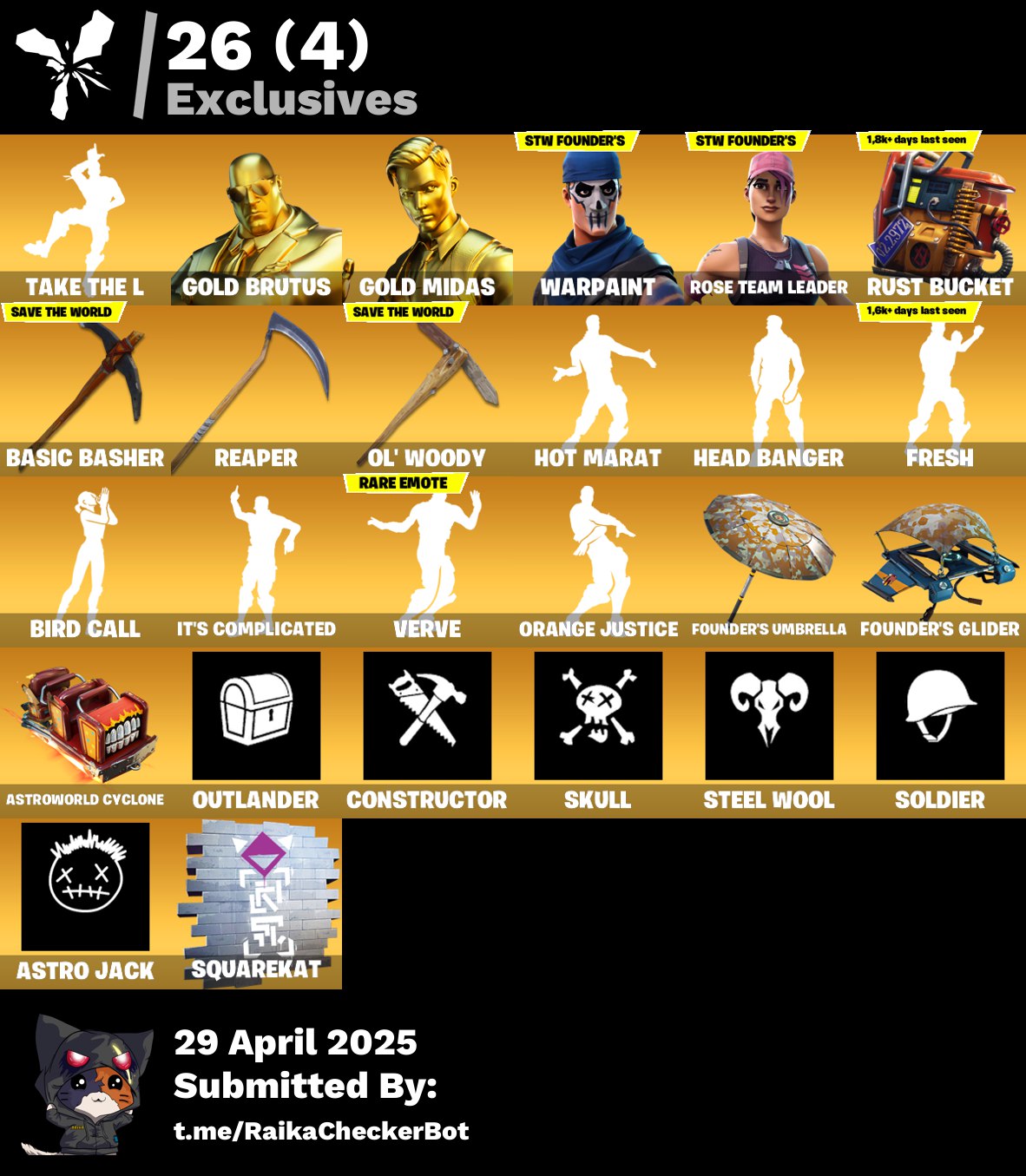 Account [PC/PSN/XBX] 251 skins [PARENTAL] | OG STW | Take The L | Gold Brutus | Gold Midas | Ronin 160 VB