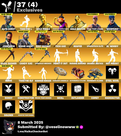 Account 299 skins | OG STW | Elite Agent | Take The L | Fishstick (World Cup)