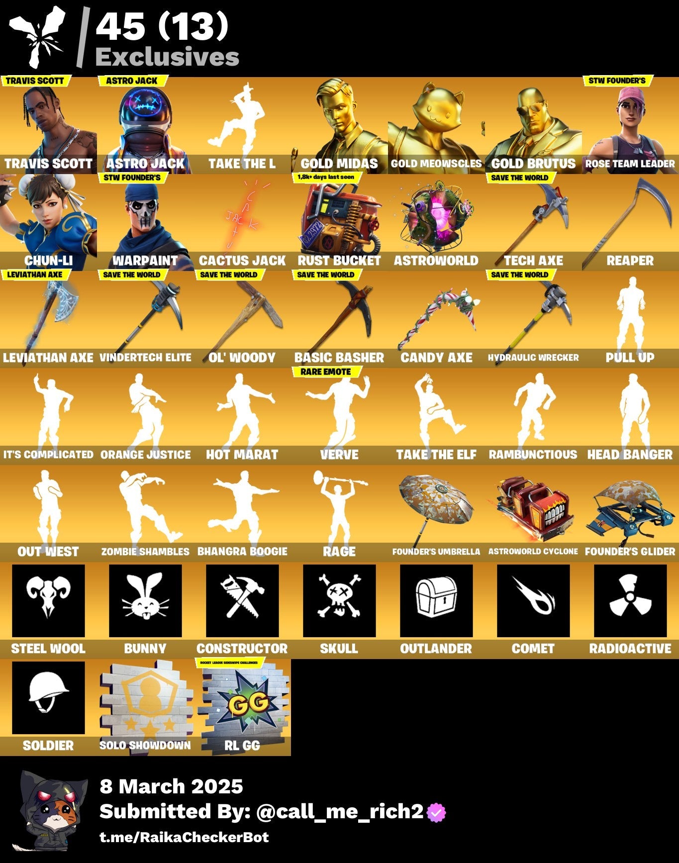 Account [PC/PSN/XBX] 265 skins | OG STW (Limited Edition) | Travis Scott | Astro Jack | Take The L | Leviathan Axe | Chun li 420 VB