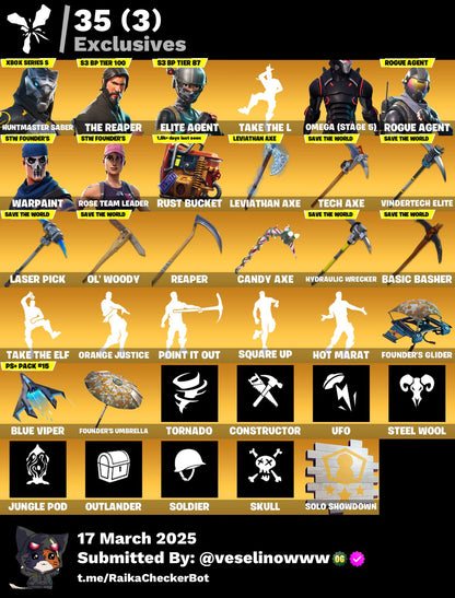 Account [PC/PSN/XBOX] 123 skins | OG STW | Huntmaster Saber | Leviathan | Omega (stage 5) | The Reaper | Take The L | Leviathan axe