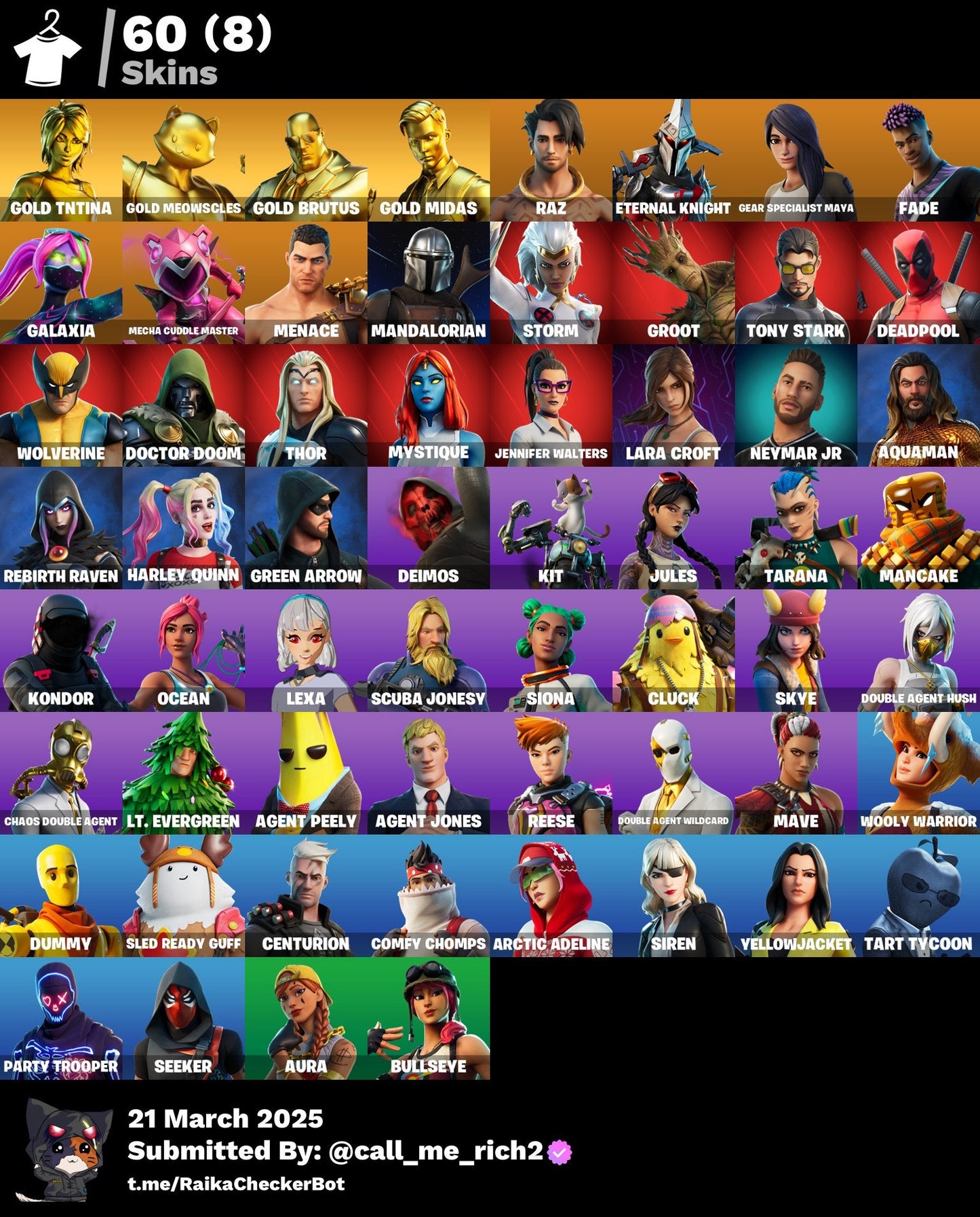 Account [PC/PSN/XBX] 60 skins | Gold TNTina | Gold Meowscles | Gold Brutus | Gold Midas  570 VB