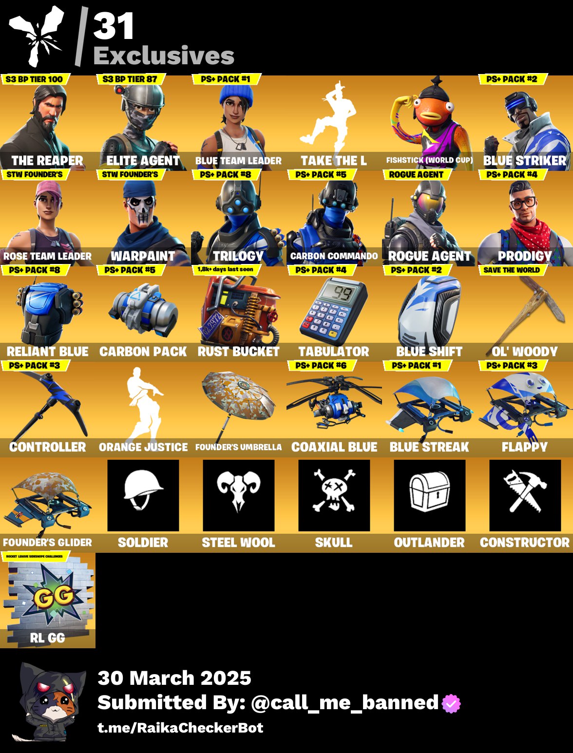 Account [PC/PSN/XBX] 112 skins | OG STW | The Reaper | Elite Agent | Blue Team Leader | Take The L | Fishstick (World Cup) | Blue Striker 200 VB