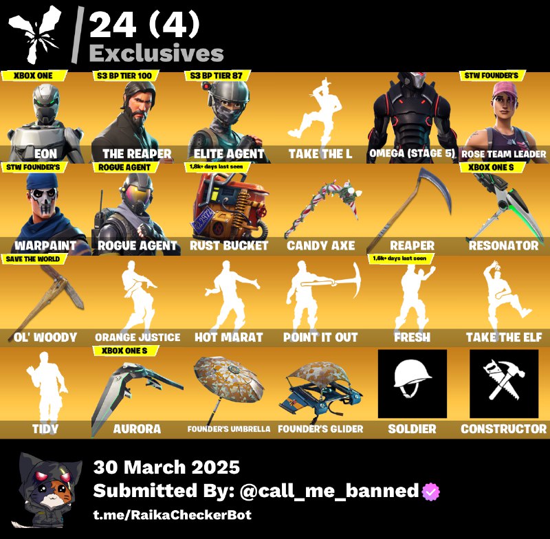 Account [PC/PSN/XBX] 103 skins | OG STW | Eon | The Reaper | Elite Agent | Take The L | Omega (stage 5) | Rogue Agent | Candy Axe  1900 VB