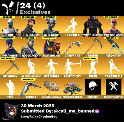 Account [PC/PSN/XBX] 103 skins | OG STW | Eon | The Reaper | Elite Agent | Take The L | Omega (stage 5) | Rogue Agent | Candy Axe  1900 VB