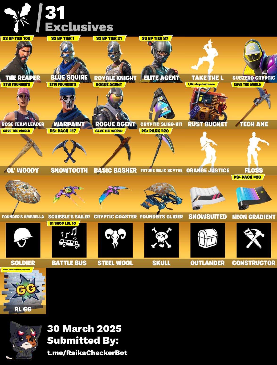 Account [PC/PSN/XBX] 85 skins | OG STW | The Reaper | Blue Squire | Royale Knight | Elite Agent | Take The L | Floss | 1780 vb
