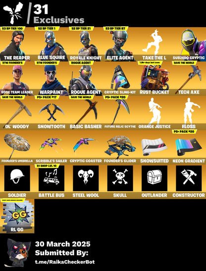 Account [PC/PSN/XBX] 85 skins | OG STW | The Reaper | Blue Squire | Royale Knight | Elite Agent | Take The L | Floss | 1780 vb