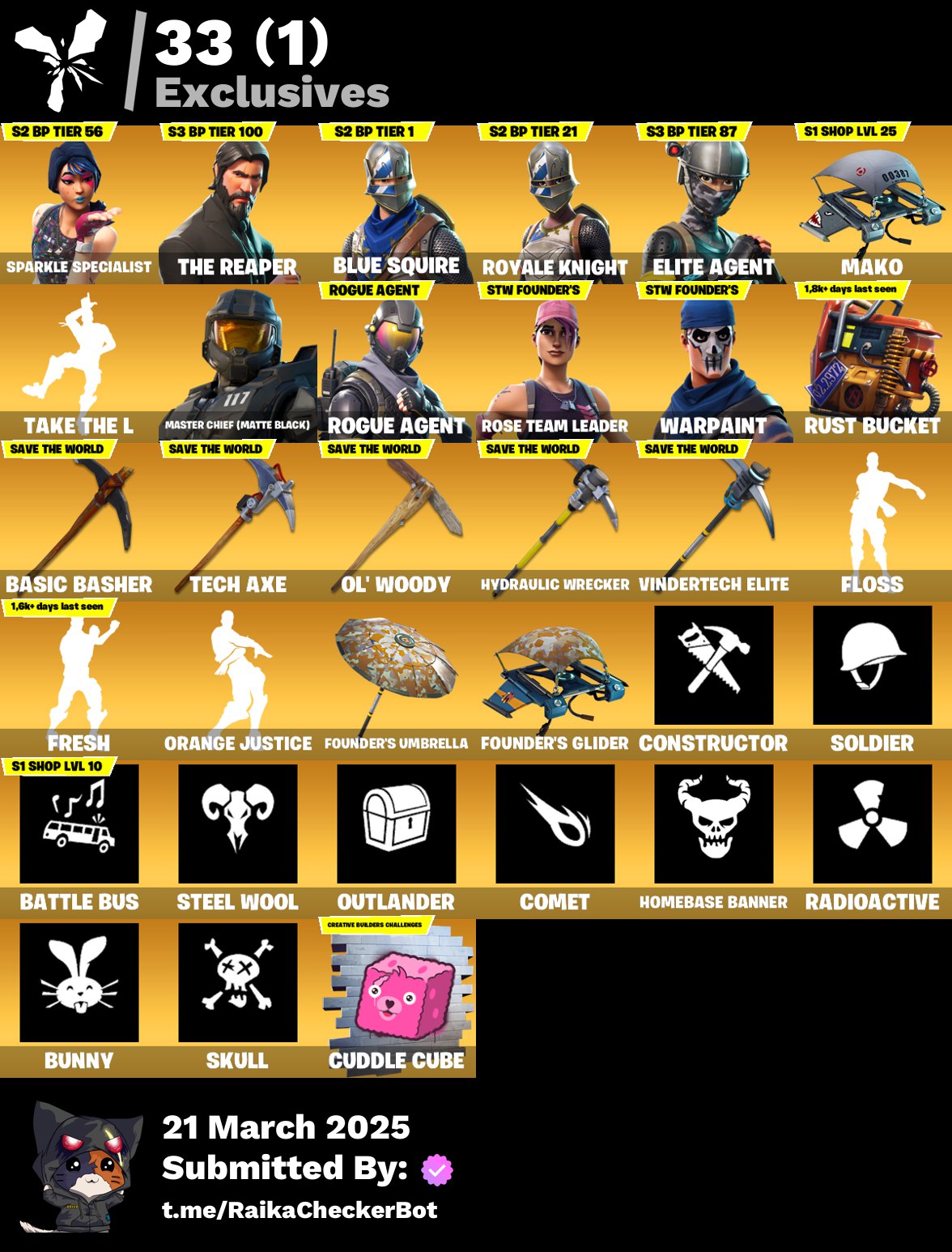 Account [PC/PSN/XBX] 41 skins | OG STW | Sparkle Specialist | The Reaper | Blue Squire | Royale Knight | Elite Agent | Mako | Take The L | 105 vb