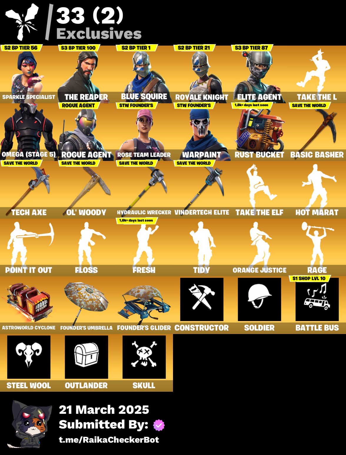 Account [PC/PSN/XBX] 104 skins | OG STW | Sparkle Specialist | The Reaper | Blue Squire | Royale Knight | Elite Agent | Take The L | Omega (stage 5) | 100 vb