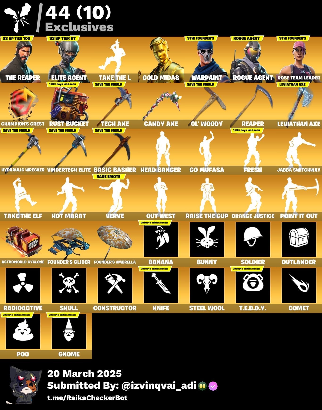 Account [PC/PSN/XBX] 162 skins | OG STW (Ultimate Edition) | The Reaper | Elite Agent | Take The L | Leviathan Axe 1790 VB