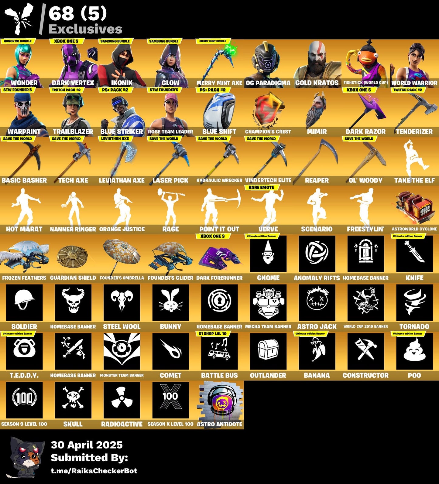 Account [PC/PSN/XBX] 250 skins | OG STW | Wonder | Dark Vertex | IKONIK | Glow | Merry Mint Axe | OG Paradigma | Leviathan Axe | Gold Kratos | Fishstick (World Cup) 810 VB