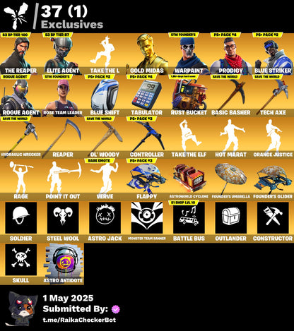 Account [PC/PSN/XBOX] 210 skins | OG STW | The Reaper | Elite Agent | Take The L | Gold Midas | Prodigy |