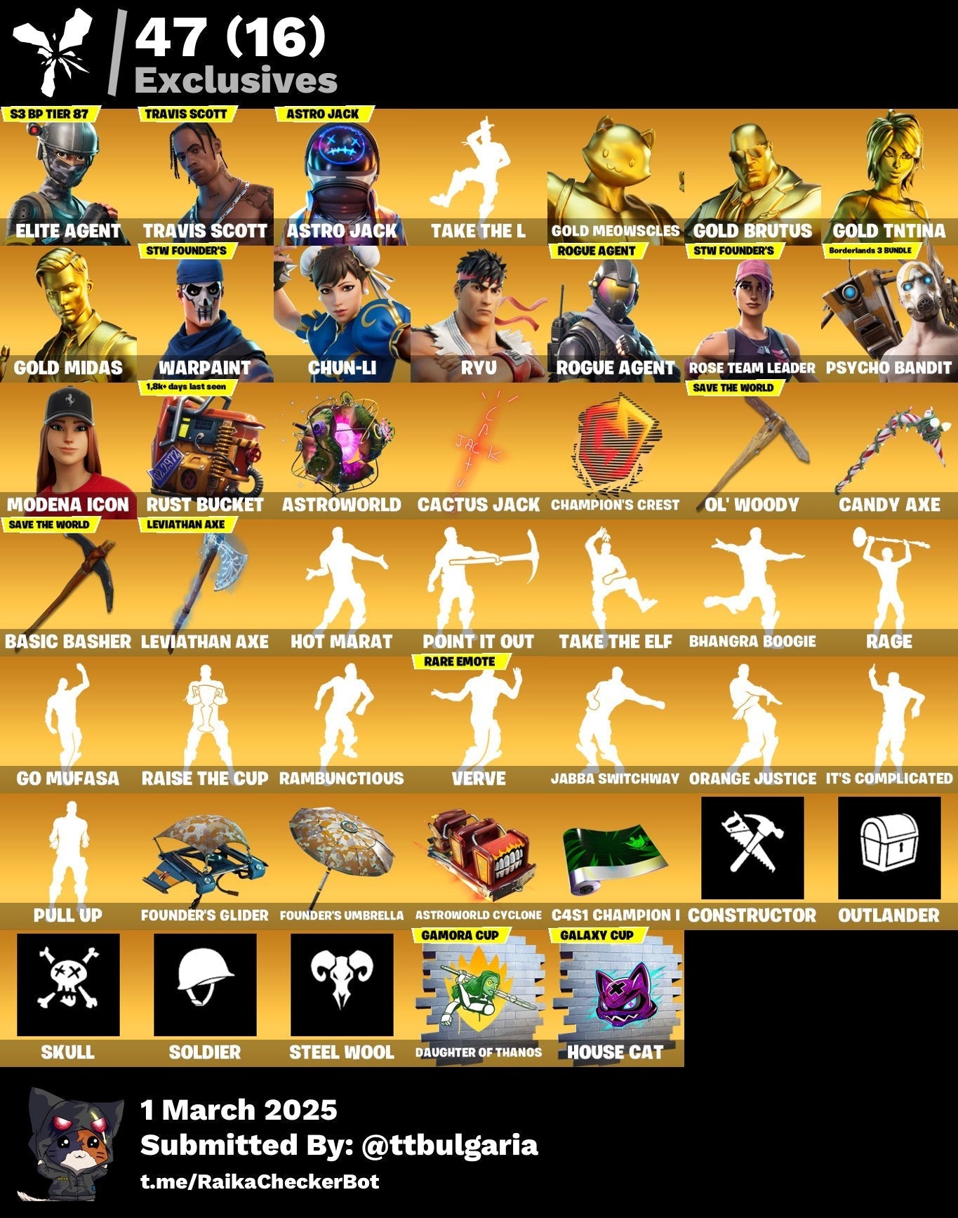 Account [PC/PSN/XBX] 433 skins | OG STW | Elite Agent | Travis Scott | Astro Jack | Take The L | Chun-Li | Psycho Bandit 210 VB