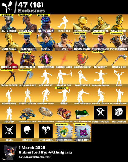 Account [PC/PSN/XBX] 433 skins | OG STW | Elite Agent | Travis Scott | Astro Jack | Take The L | Chun-Li | Psycho Bandit 210 VB